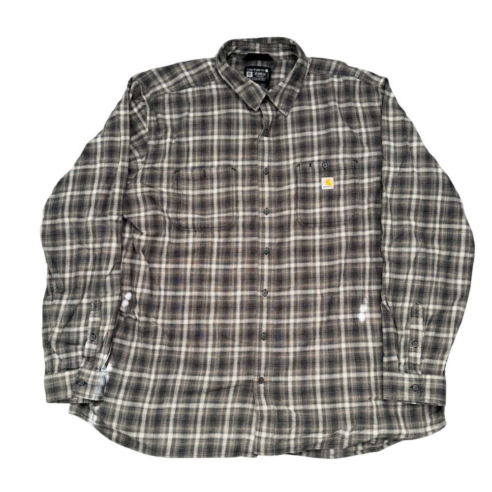 Carhartt Mens 3XL Tall Relaxed Fit Plaid Button Down Shirt Gray Black